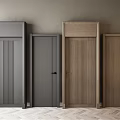 Various Hinged Doors in Gray and Wooden Finishes with Vertical Grooves and Metallic Handles