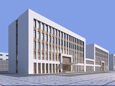 Modern White Exterior Office Building With Large Windows And Front Plaza Design 3d model