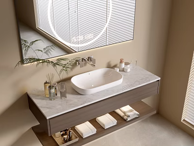 Modern Bathroom Cabinet With Marble Countertop White Sink Illuminated Mirror Towels And Green Plant 3d model