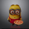 Cute Yellow Minion Character With Big Goggles Red Overalls And Pizza