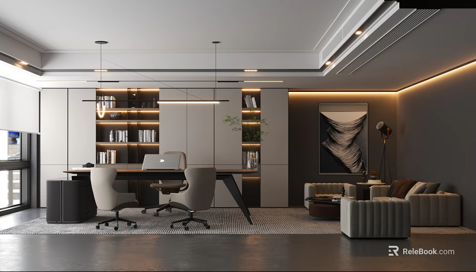Modern Office Interior Design With Desk Chairs Bookshelves Sofa And Lighting 3d model 