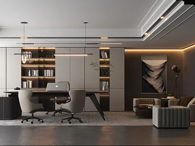 Modern Office Interior Design With Desk Chairs Bookshelves Sofa And Lighting 3d model