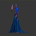 Fantasy Woman in Blue and Purple Long Dress with Horned Headdress Holding Pink Torch
