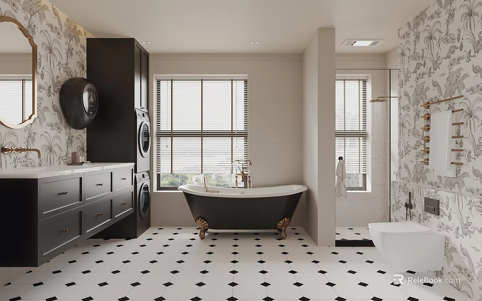 Bathroom Interior Design Featuring Black And White Geometric Floor Tiles Black Bathtub And Patterned Wallpaper 3d model 