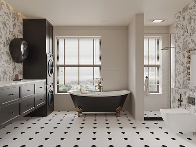 Bathroom Interior Design Featuring Black And White Geometric Floor Tiles Black Bathtub And Patterned Wallpaper 3d model