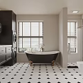Bathroom Interior Design Featuring Black And White Geometric Floor Tiles Black Bathtub And Patterned Wallpaper