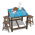 Rustic Dining Table Set With Blue Wooden Top Brown Frame And Four Stools