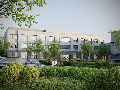 Modern Gray Multi story Office Building Exterior With Large Windows Surrounding Greenery And Trees 3d model
