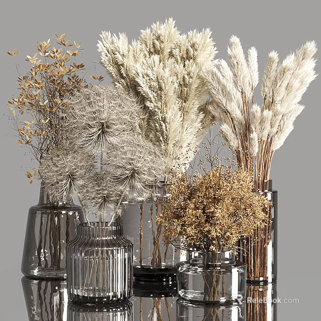 Stylish Glass Vases With Dried Flowers In Natural Neutral Tones For Decor 3d model 