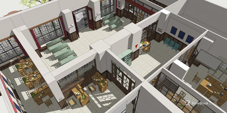 Spacious Public Office Space Interior With Open Layout Desks Chairs And Green Plants 3d model 