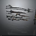 Various Futuristic Weapons With Metallic Structure And Orange Accents