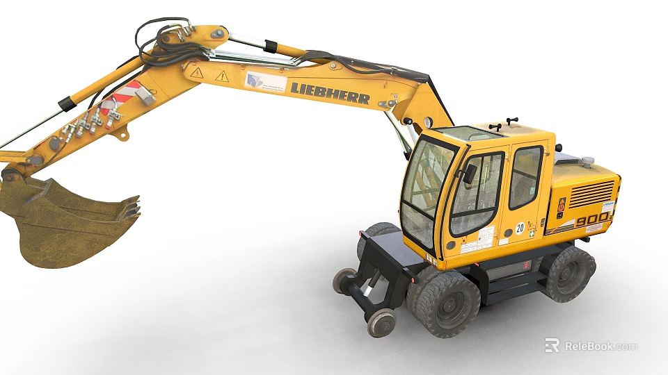 Liebherr Yellow Wheeled Excavator Utility Vehicle With Operator Cab And Bucket 3d model 