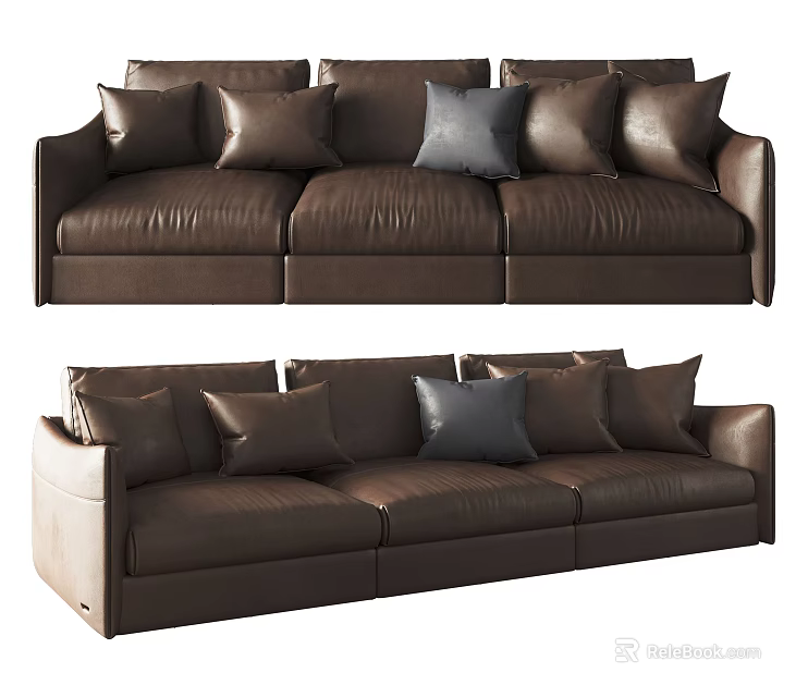 Dark Brown Leather Three Seater Sofa With Multiple Cushions And Accent Pillow 3d model