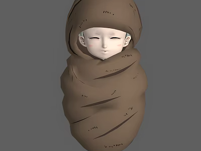 Baby Wrapped in Brown Cloth with Text on Gray Background 3d model