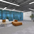 Modern Public Office Interior With Open Workstations Blue Partitions And Large Windows 3d model