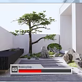 Zen Courtyard Garden Design With Pine Tree Rocks Stepping Stones And Fountain