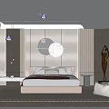 Modern Bedroom Interior Design With Circular Wall Decor Wooden Panels Bed And Sculpture