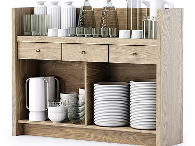 Wooden Sideboard With Drawers Open Shelves Vases Stacked Plates And Glassware 3d model