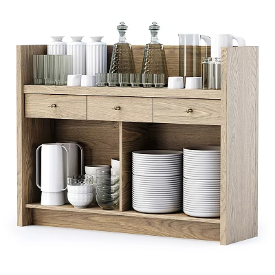 Wooden Sideboard With Drawers Open Shelves Vases Stacked Plates And Glassware 3d model