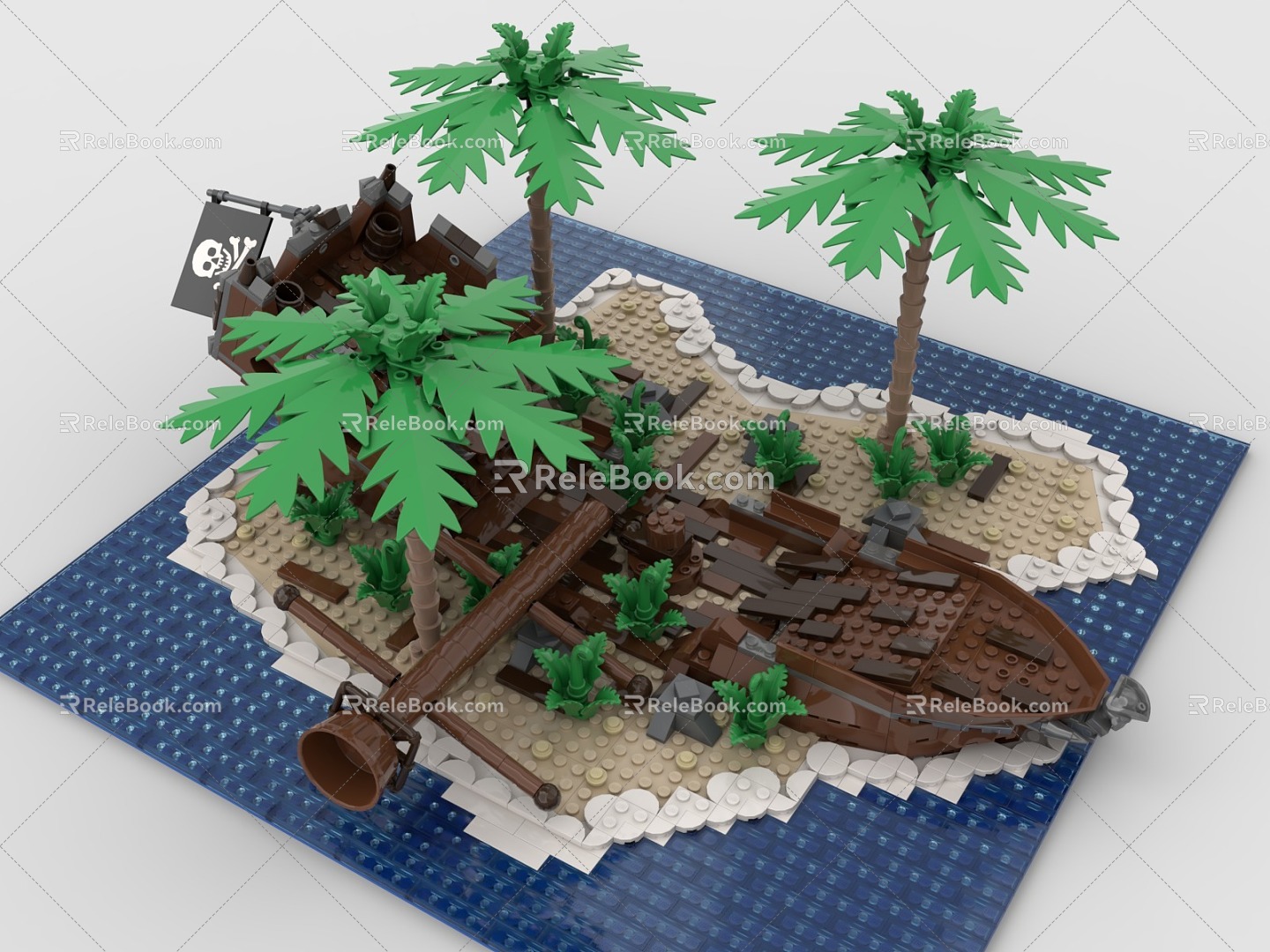 Lego Pirates Island Shipwreck Beach Seawater Beach Boat Tropical Palm Trees 3d model