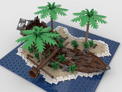 Building Blocks Island Scene with Palm Trees Shipwreck Sandy Shore and Blue Ocean 3d model