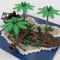 Building Blocks Island Scene with Palm Trees Shipwreck Sandy Shore and Blue Ocean