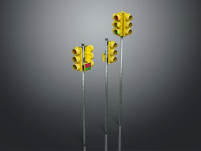 Three Yellow Traffic Lights With Different Illuminated Lamps Standing On Gray Background 3d model