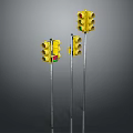 Three Yellow Traffic Lights With Different Illuminated Lamps Standing On Gray Background