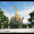 Large Sheep Shaped Landscape Sculpture With Trees Green Vegetation And Flying Birds Under Blue Sky