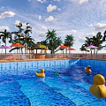 Blue Water Pool With Yellow Rubber Ducks Palm Trees And Umbrellas