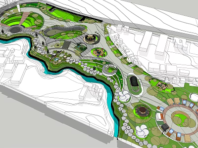 Park Landscape Design With Winding River Green Spaces And Circular Leisure Areas 3d model