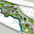 Park Landscape Design With Winding River Green Spaces And Circular Leisure Areas