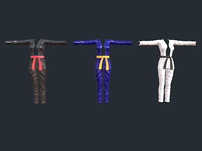 Three Colored Karate Uniforms Black Blue White With Red Yellow Black Belts 3d model