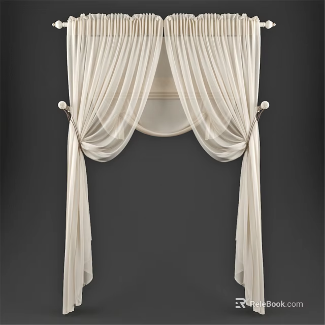 Elegant Sheer White Curtains With Drapery Tiebacks For Arched Window On Dark Background 3d model 