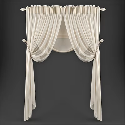 Elegant Sheer White Curtains With Drapery Tiebacks For Arched Window On Dark Background 3d model