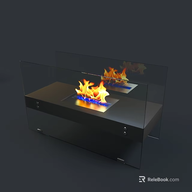 Modern Fireplace Design With Glass Panel And Burning Blue Orange Flames 3d model 