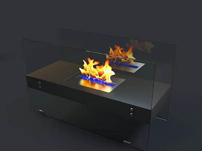Modern Fireplace Design With Glass Panel And Burning Blue Orange Flames 3d model