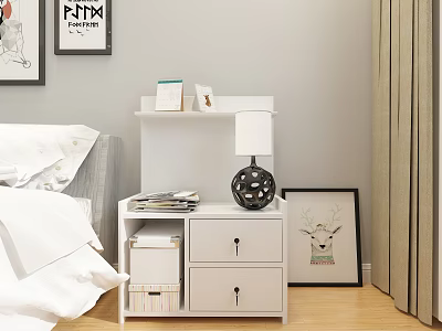 Modern Nightstand In Bedroom With Lamp Books Drawers And Framed 3d model