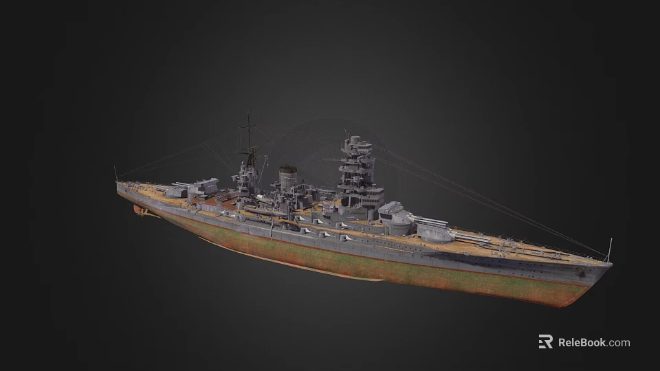 Vintage Warship with Historical Turrets Upper Superstructure and Weathered Hull Design 3d model 