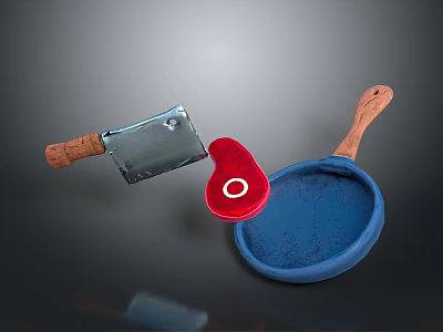 Silver Kitchen Knife Red Round Object And Blue Pan With Wooden Handles 3d model