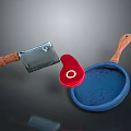 Silver Kitchen Knife Red Round Object And Blue Pan With Wooden Handles