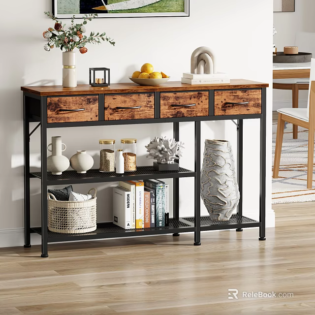 Stylish Storage Shelf With Wooden Top Drawers Metal Frame Books Basket And Vase 3d model 