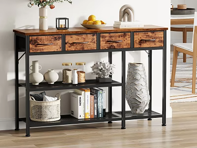Stylish Storage Shelf With Wooden Top Drawers Metal Frame Books Basket And Vase 3d model
