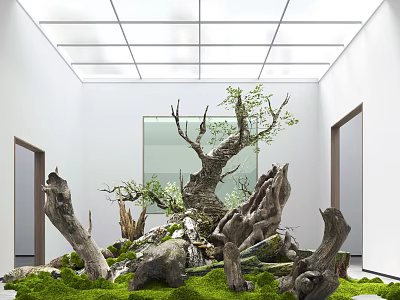 Indoor Art Installation With Tree Roots Green Moss White Walls And Grid Ceiling Lights 3d model