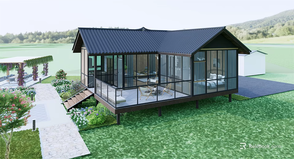 Modern Detached Villa Featuring Black Roof Large Glass Windows and Wooden Terrace on Green Lawn 3d model 