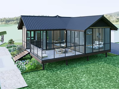 Modern Detached Villa Featuring Black Roof Large Glass Windows and Wooden Terrace on Green Lawn 3d model