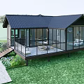 Modern Detached Villa Featuring Black Roof Large Glass Windows and Wooden Terrace on Green Lawn