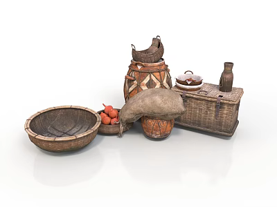 Handmade Wicker Household Items Including Clay Pot Wooden Bowl And Fruit Basket 3d model