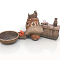 Handmade Wicker Household Items Including Clay Pot Wooden Bowl And Fruit Basket