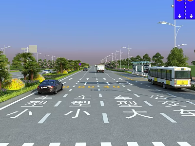 Busy Municipal Road With Cars Buses Trucks Street Lights And Green Belts 3d model
